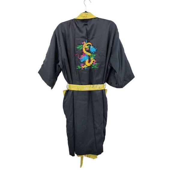 Reversible Kimono Robe L Black Embroidered Dragon Yellow Floral Asian Unisex - Picture 7 of 16